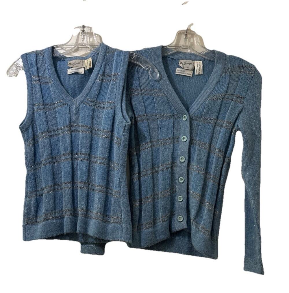 Vintage 70s 80s Blue Mohair Silver Metallic Sweater Set Size M Cardigan *Flaws*